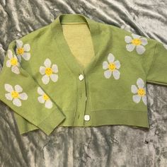 Green Soft Sweater With Smiley Flowers. Buttons Up. Never Worn. Trendy Green Spring Cardigan, Cute Green Cardigan For Spring, Cute Green Spring Cardigan, Vintage Green Cardigan For Spring, Vintage Green Spring Cardigan, Spring Green Cardigan, Daisy Cardigan, Flower Sweater, Green Soft