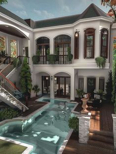 an artist's rendering of a house with a pool in the front yard and stairs leading up to it