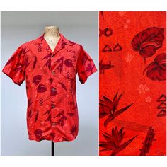 * Hawaiian shirt c 1960s * Cotton fabric * Anthurium, Bird of Paradise, shields, and other tropical motifs in maroon on red background * Small spread collar  * Single patch pocket * Back yoke has action pleats for comfort * Short, set-in sleeves are notched at hem * 5 coconut shell buttons * Squared-off hem with 2" side vents Missing label Very good condition. One minor repair has been made. A pinhole above the breast pocket was repaired by fusing fabric from inner seam. Virtually impossible to Tropical Motifs, Surfer Shirt, Surfer Print, Body Movement, Bird Of Paradise, Shell Buttons, Coconut Shell, Beautiful Blouses, Tropical Floral