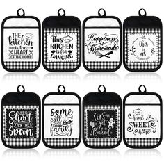 six black and white kitchen pot holders with sayings on the front, one is for each