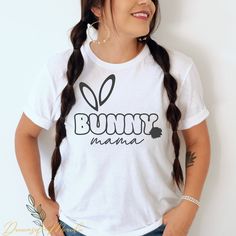 This cute bunny mama shirt is perfect for rabbit lovers! Welcome to my store! Everyone needs the perfect t-shirt to complement an everyday, laid-back look. The ideal top for so many occasions, this lightweight cotton tee will keep you comfy and looking smart. * 100% combed and ring-spun cotton (Heather colors contain polyester) * Fabric weight: 4.2 oz/yd² (142 g/m²) * Pre-shrunk fabric * Side-seamed construction * Shoulder-to-shoulder taping * Blank product sourced from Guatemala, Nicaragua, Mex Cute White T-shirt With Bunny Design, Casual White Easter Tops, Casual White Tops For Easter, Cute Crew Neck Top With Bunny Design, Cute White Tops With Bunny Print, Cute White Top With Bunny Print, Cute Bunny Design Crew Neck T-shirt, Cute White Bunny Design T-shirt, Cute Cotton Tops With Bunny Design