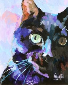 a painting of a black cat with green eyes