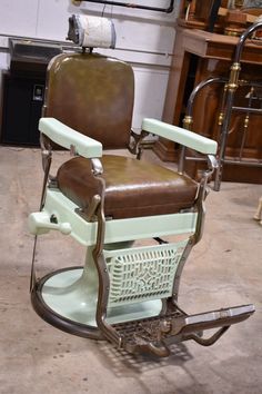 "Amazing! Rare vintage Koken Barber Chair with Green Porcelain and brown leather seat. Working condition. Hydraulics pump up and down. Sweivels. Very Heavy Piece!!  50\"h (adjustable, so +/-) 28\"w to handle 30\" d with foot rest up  Condition: overall good condition with normal wear from use. There is some tarnishing to the nickel plating on the base. Needs a good cleaning.   UPS freight shipping to your home. Professionally packed and shipped with insurance. Please include a good phone number Barber Van, Salon Aesthetic, Barber Chairs, Green Porcelain, Barber Shop Decor, Vintage Barber, Rest Up, Karbala Photography, Decorative Ideas