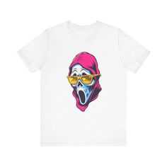 This classic unisex jersey short sleeve tee, with fun Halloween Ghostface killer mask print in pink, fits like a well-loved favorite. Soft cotton and quality print make users fall in love with it over and over again. These t-shirts have-ribbed knit collars to bolster shaping. The shoulders are tapered for a better fit over time. Dual side seams hold the garment's shape for longer. .: Made with 100% Airlume combed and ring-spun cotton, a lightweight fabric (4.2 oz/yd² (142 g/m that is easy to lay Horror Style Skull Print Crew Neck T-shirt, Horror Black T-shirt With Skull Print, Black Horror T-shirt With Skull Print, Halloween All Over Print Short Sleeve T-shirt, Cotton Horror T-shirt With Skull Print, Rose T Shirt, Pink Fits, Leisure Wear, Jersey Shorts