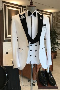 Dave White Peaked Lapel Three Pieces Slim Suits For Prom Suit For Men Black And White, Six Button Suit Men, White And Black Mens Suit, Black And White Suits For Men, Men White Suit Outfit, Md Suits For Men, White Suits For Men Wedding, Black And White Suit For Men, Suit For Black Men