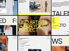 several different images with the words find artists for your project in yellow and black on them