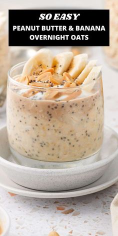 an oatmeal with bananas and chia seeds in a glass bowl on a white plate