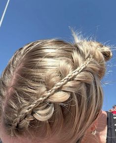 Two Dutch Braids Into One Braid, 2 Braid Bun Hairstyles, Sporty Bun Hairstyles, Fun Volleyball Hairstyles, Two Braids Into Two Buns, Braid Into Bun Hairstyles, Braided Hairstyles Dutch Braid, Blonde Dutch Braids, Braid And Bun Hairstyles