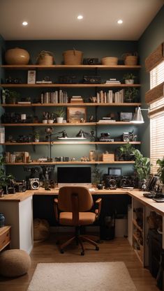 a home office with lots of shelves and plants on the desk, along with a chair