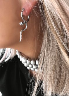 pebby forevee Earring Silver SERPENTINE WATER RESISTANT EARRING Snake Motif, Silver Earrings Set, We Are Over The Moon, Stainless Steel Texture, Leveling Up, Vintage Mom, Eclectic Style, Over The Moon, Work Attire