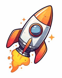 an orange and white rocket ship flying through the air with stars on its back end