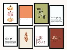 six framed cards with pumpkins and fall sayings on them, all in different colors