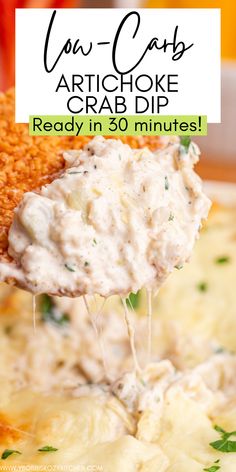 Low Carb Artichoke Crab Dip Crab And Artichoke Dip, Cheesy Dip, Crab Dip, Low Carb Keto Recipes, Dip Recipes, Keto Diet Recipes, Artichoke, Low Carb Keto, Crab