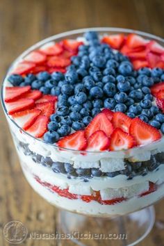 an american flag trifle with strawberries and blueberries