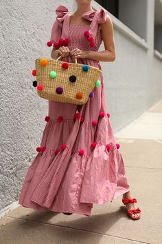 Blair Eadie wears a red gingham dress with pom poms by SUNDRESS // Bag by Nannacay // Sunglasses by Celine // Click through for more pom pom outfit picks and summer dress style on Atlantic-Pacific Summer Blues, Pom Pom Dress, Red Dress Outfit, Huntington Whiteley