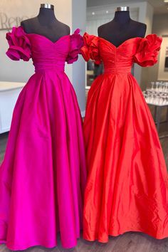 Off the Shoulder Hot Pink Pleated Long Formal Dress Flower Sleeve, Formal Dresses With Sleeves, Long Formal Dress, Blue Party Dress, Satin Evening Dresses, Royal Blue Dresses, Satin Prom Dress, Prom Dresses With Sleeves, Prom Dresses Blue