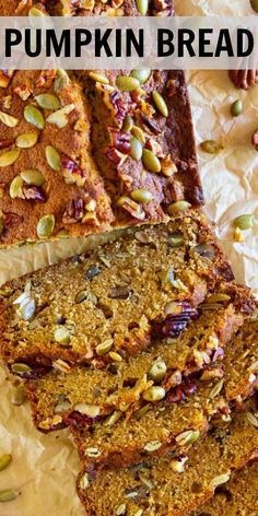 pumpkin bread sliced and sitting on top of parchment paper with text overlay that reads pumpkin bread