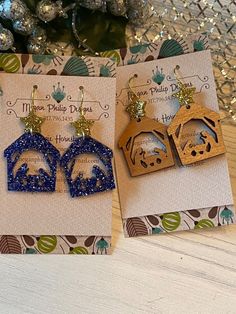 Christmas Nativity Earring - Etsy Flamingo Tshirt, Flamingo Christmas, Christmas Nativity, Blue Pearl, Christmas Earrings, Blue Glitter, Cherry Wood, Nativity, Jewelry Earrings Dangle