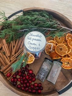 an assortment of spices and herbs on a wooden platter with the words, stronga pot pourr cause & simplee