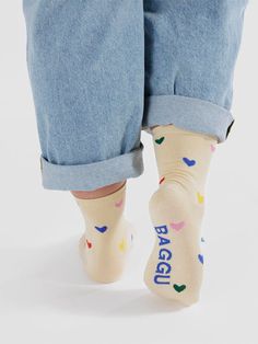 Sure, Baggu is a bag company, but isn’t a sock just a knitted bag for your foot? These crew socks are woven from soft and stretchy bamboo rayon — a real treat for your feet!✦ One pair.✦ One size fits US women’s 6–11 or US men’s 4 ½–9 ½.✦ Bamboo rayon, poly/nylon elastic.✦ Machine washable. ✦ Please note: It is at our discretion to cancel any order that we consider to exceed individual use so as to maintain fair accessibility to all of our customers and discourage unauthorized resellers of the br Heart Socks, Knitted Bag, Sock Game, Crew Sock, Calf Socks, Beautiful Heart, Colorful Heart, Heart Print, Heart Design