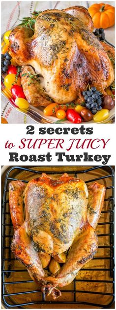 two images showing how to roast a turkey in the slow cooker with text overlay that reads, 2 secrets to super juicy roast turkey