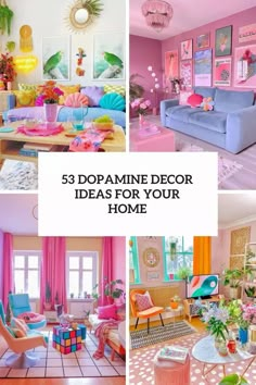 colorful living room with pink walls and blue couches