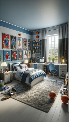 a bedroom decorated in blue and white with pictures on the wall above the bed, along with sports memorabilia