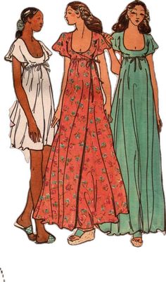 three women in dresses and sandals are standing next to each other, one is wearing a dress