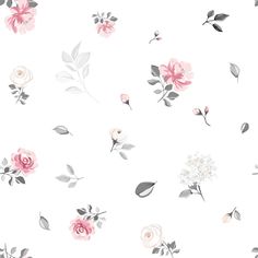 a white background with pink and grey flowers on it's side, including one large flower