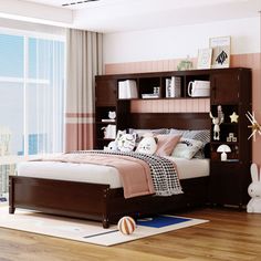 a bed room with a neatly made bed next to a large window and a wooden floor