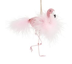 a pink flamingo ornament hanging from a rope with feathers on it's head