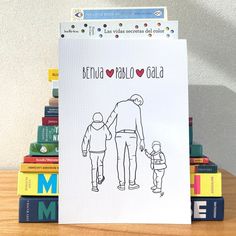 a greeting card with an image of a man holding the hand of a woman and child