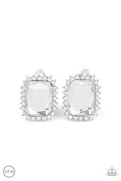 Paparazzi Insta Famous White Clip-On Earrings Insta Famous, Emerald Style, Clear Nail Polish, Paparazzi Accessories, White Rhinestone, Paparazzi Jewelry, White Earrings, Jewelry Cleaner, Silver Frame