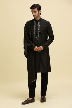 Black kurta with mirror embroidery along the placket. Paired with a pant. - Aza Fashions Black Kurta, Jayanti Reddy, Mirror Embroidery, Men Kurta, Diana Penty, Rohit Bal, Tarun Tahiliani, Luxury Sale, Band Collar