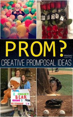 collage of images with the words prom written on them and balloons in the background