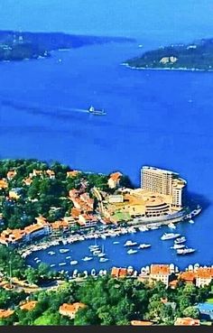 an aerial view of a small island in the middle of water with boats on it