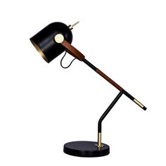 a black and gold desk lamp with a wooden handle on the arm, sitting on a white background