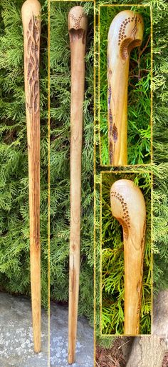 two wooden baseball bats sitting next to each other in front of some plants and bushes