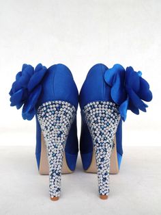 "Something blue bling wedding shoes for bride or bridesmaids, custom heel heights available. Classic blue weddings or elegant receptions, these sparkly wedding heels will be your lucky \"something blue\" Custom wedding gift, bachelorette gift, personalized engagement gift. Royal blue satin bridal shoes are designed with blue flowers. Silver and blue rhinestones are used to cover the heels, \"I Do\" is written on the soles with blue rhinestones. They are made of soft smooth satin and delicate lac Sparkly Wedding Heels, Classic Blue Wedding, Bling Wedding Shoes, Wedding Shoes For Bride, Custom Heels, Shoes For Bride, Blue Weddings, Personalized Engagement Gifts, Bachelorette Gift