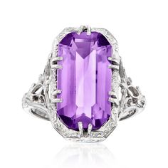 Ross-Simons - C. 1950 Vintage 3.50ct Amethyst Filigree Ring in 18kt White Gold. Size 5.75. C. 1950. Retro era beauty abounds in this eye-catching cocktail ring from our Estate collection, which showcases a 3.50 carat rectangular amethyst within a stunning filigree setting of 18kt white gold. 3/4" wide. Amethyst filigree ring. Exclusive, one-of-a-kind Estate Jewelry. Amethyst birthstones are the perfect gift for February birthdays. Erstwhile Jewelry, Jewelry Presentation, Amethyst Birthstone, Retro Era, Gold C, 1950 Vintage, Diamond Cocktail Rings, Filigree Ring, Amethyst Stone