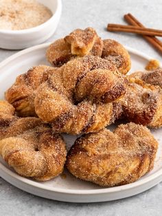 cinnamon sugar donuts on a white plate with cinnamon sticks and bowl of oatmeal in the background