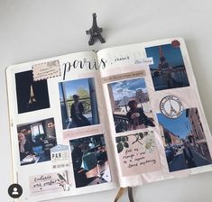 an open book with pictures and words on the pages that are covered in postcards