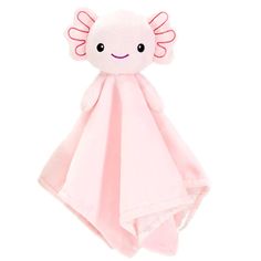 a pink towel with an angel design on the front and back, hanging from it's side