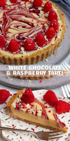 a white chocolate and raspberry tart on a plate