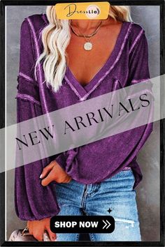 Solid Color Pullover V-neck Bubble Long Sleeves Tops(4 Colors) Solid Color V-neck Top For Fall, Fall V-neck Solid Color Tops, Solid V-neck Top For Fall, Purple V-neck Solid Color Top, Purple V-neck Solid Top, Purple V-neck Top, Purple V-neck Top For Winter, Casual V-neck Tops For Fall, Casual Purple V-neck Top