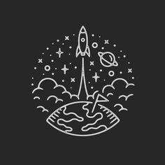 the space shuttle is flying over the earth with stars and planets around it on a black background