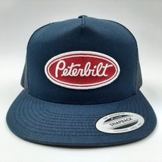 Brand new high-quality embroidered patch on a mesh trucker snapback hat New Era Baseball Cap, Mesh Flats, Military Cap, Wide Brim Sun Hat, Black Snapback, Embroidered Caps, Peterbilt, Navy Blue Color, Red Hats