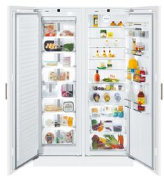 an open refrigerator with its doors wide open and full of food items inside, on a white background