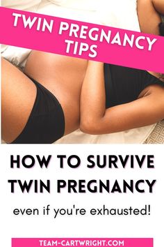 Text: How To Survive Twin Pregnancy even if you're exhausted! Banner: Twin Pregnancy Tips Picture: Pregnant woman lying on bed with black tank top pulled up over belly. Having Twins, Pregnancy Twins, Pregnancy With Twins, How To Conceive Twins, Exercise While Pregnant, Getting Pregnant With Twins