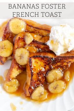 french toast with bananas and whipped cream on a plate